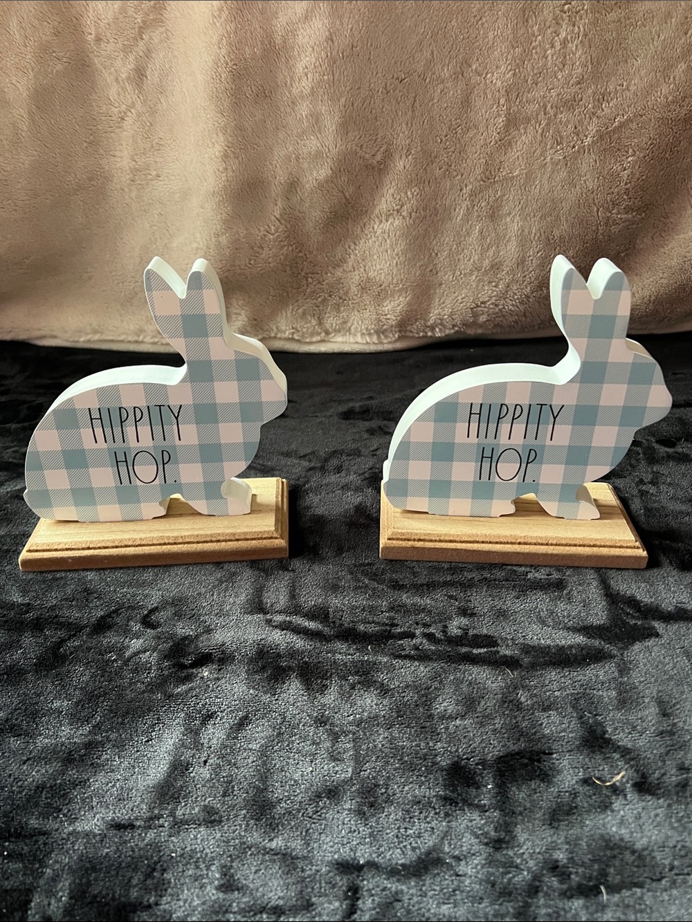 Rae Dunn Pastel Blue Plaid Bunny 'Hippity Hop' Table Accents - Set of 2